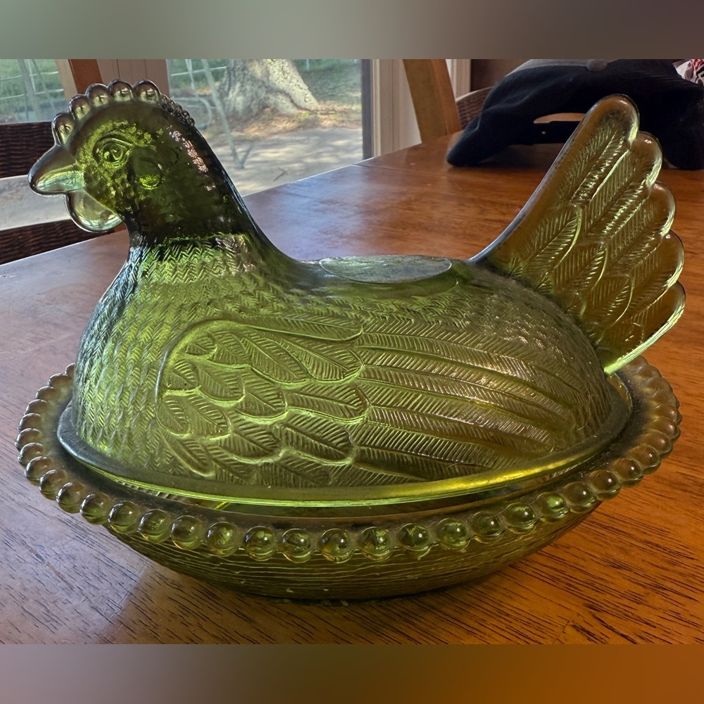 Rare- Indiana Green Glass Hen Dish